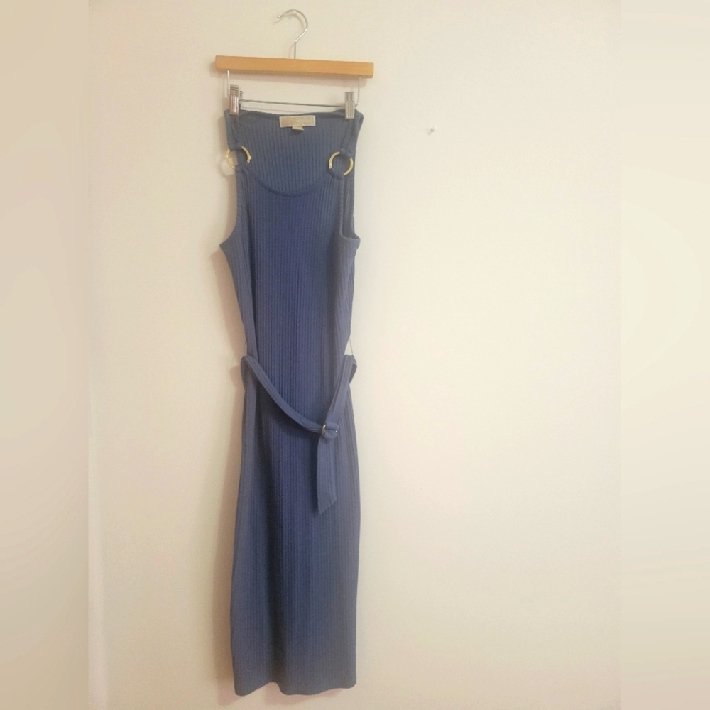 Michael Kors Blue/Grey Ribbed Gold Rings Strap Tank Dress